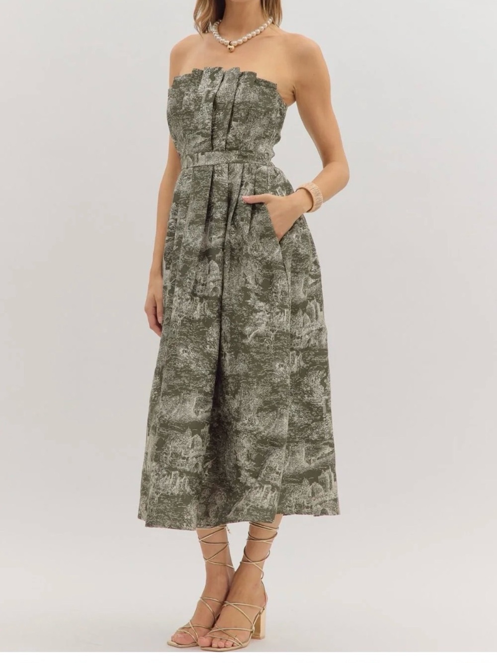Entro Olive Whimsical Printed Strapless Midi Dress Size Large